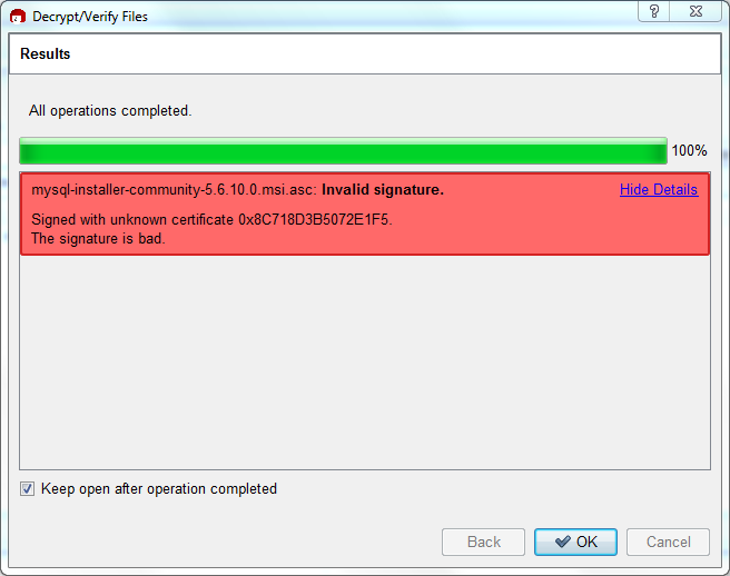 Red portion of the results window shows "Invalid signature", "Signed with unknown certificate", "The signature is bad", and also displays the name of the ASC file.