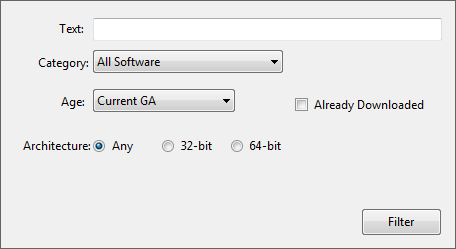 Filter by Text, Category, Age, Already Downloaded, and Architecture.