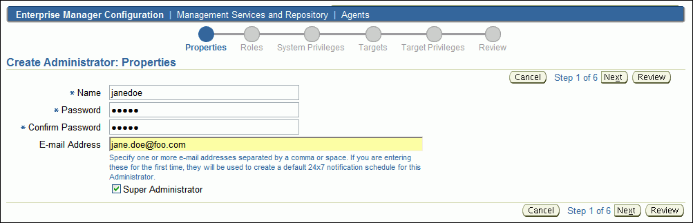 Create Administrator: Properties Page