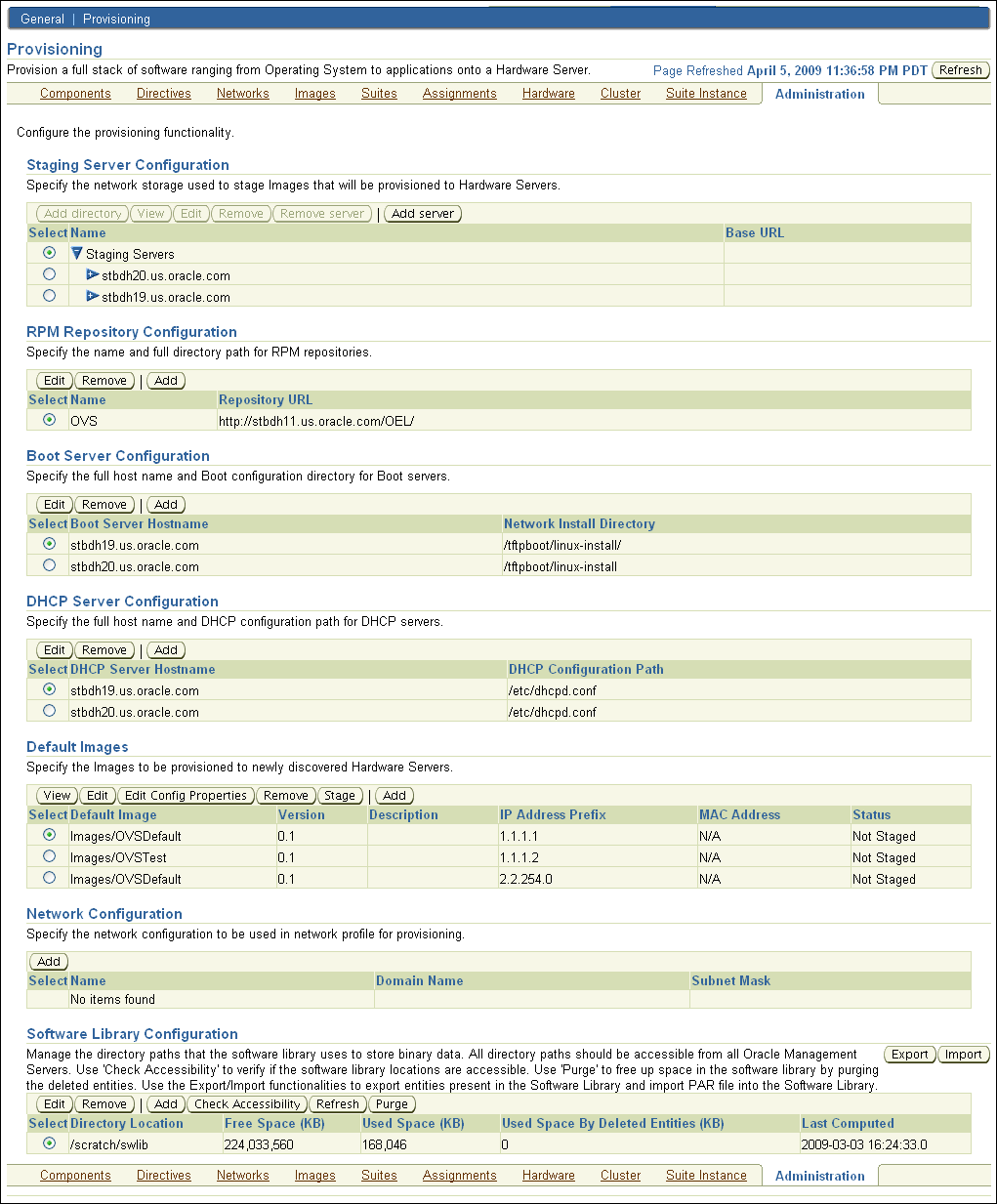 Provisioning Application: Administration Tab