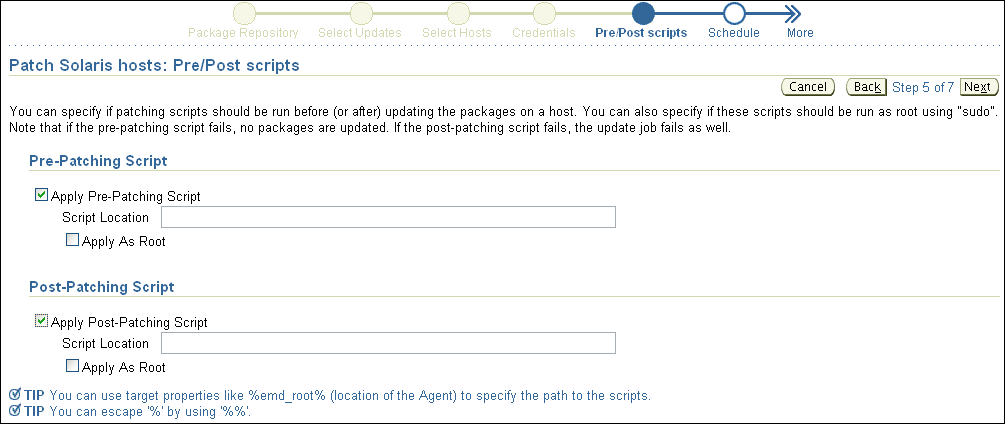 Patch Solaris Hosts: Pre/Post Scripts Page