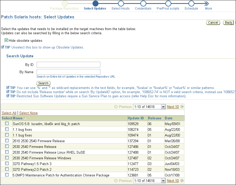 Patch Solaris Hosts: Select Updates Page