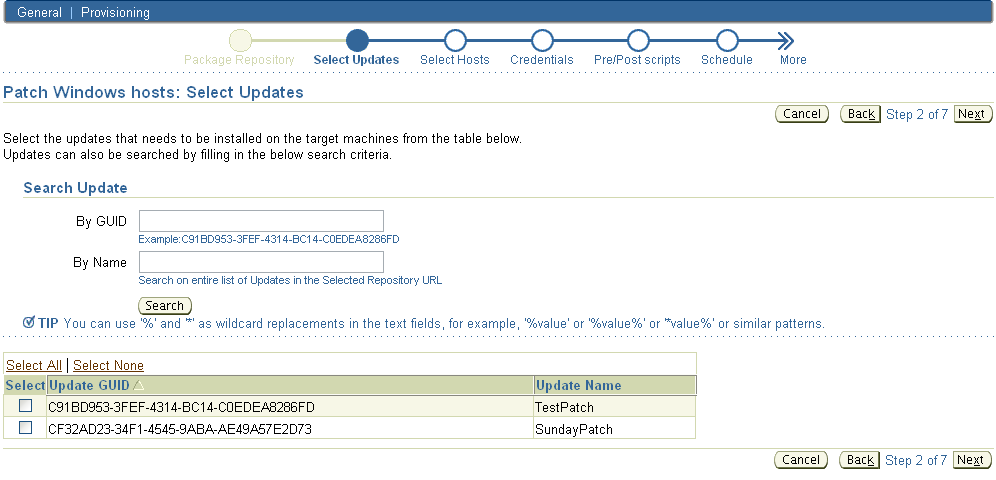 Patch Windows Hosts: Select Updates Page