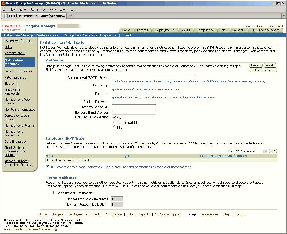 Definition entry fields on Notification Methods page.