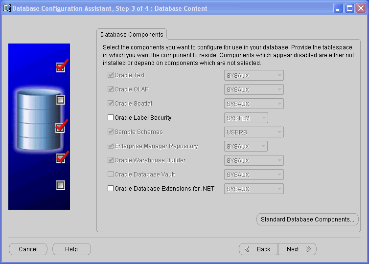 Database Content page of DBCA