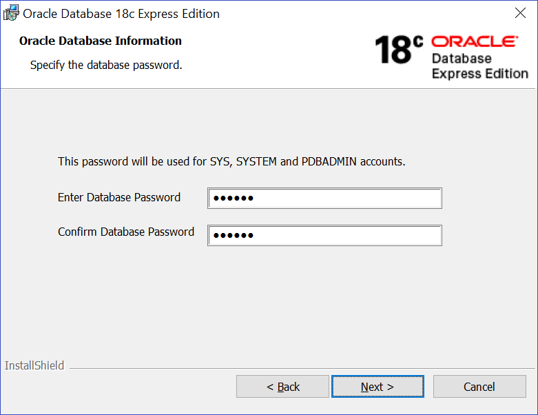 You can enter and confirm the single database password to use for the SYS, SYSTEM, and PDBADMIN database accounts in the Specify Database Passwords window.