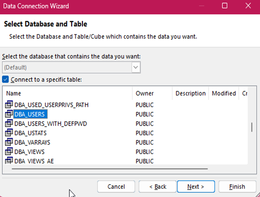 Data Connection Wizard - Select Database and Table