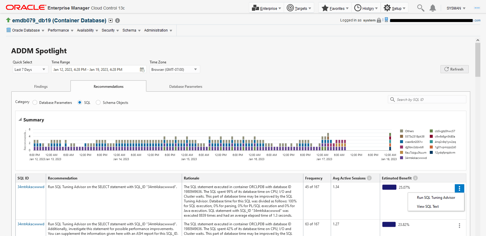 Shows the ADDM Recommendations tab for a sample time range on a specific database with recommendations listed for SQL.